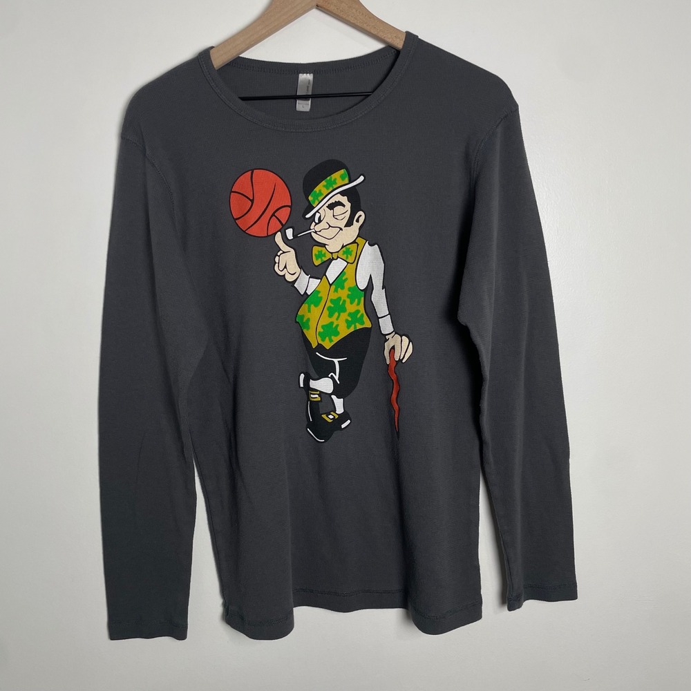 Boston Celtics Thermal Shirt Men L Gray Leprechaun Logo NBA Basketball Waffle